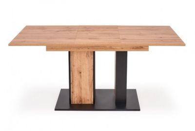 Разтегателна трапезна маса DOLOMIT – дъб вотан и черно с механизъм за разтягане, устойчиво ПДЧ и стилен дизайн за модерна трапезария