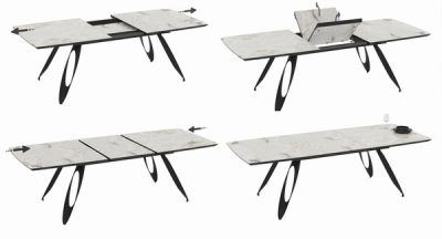 Разтегателна трапезна маса MERKUR – бежов мрамор и черно, с механизъм от 190 см до 250 см, стилен дизайн и здрава конструкция за модерна трапезария