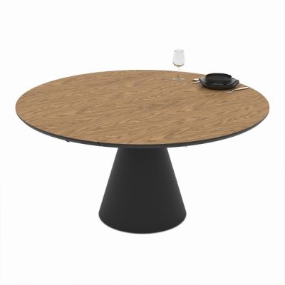 Кръгла разтегателна трапезна маса YANDAN – меден дъб и черно с механизъм за разтягане, здрава конструкция и модерен дизайн за уютна трапезария