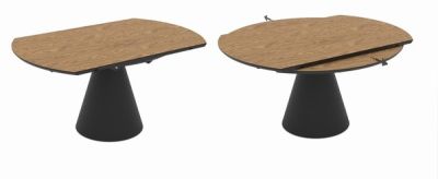 Кръгла разтегателна трапезна маса YANDAN – меден дъб и черно с механизъм за разтягане, здрава конструкция и модерен дизайн за уютна трапезария