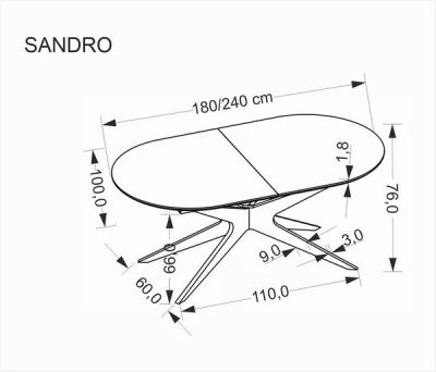 Разтегателна трапезна маса SANDRO – изцяло черна с механизъм от 180 см до 240 см, стабилна метална конструкция и модерен дизайн за трапезария и кухня.