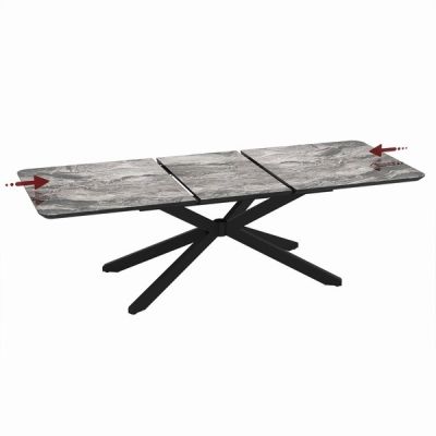 Разтегателна трапезна маса MONA – черен мрамор, с механизъм от 190 см до 250 см, стилна MDF повърхност и здрава метална конструкция за трапезарията